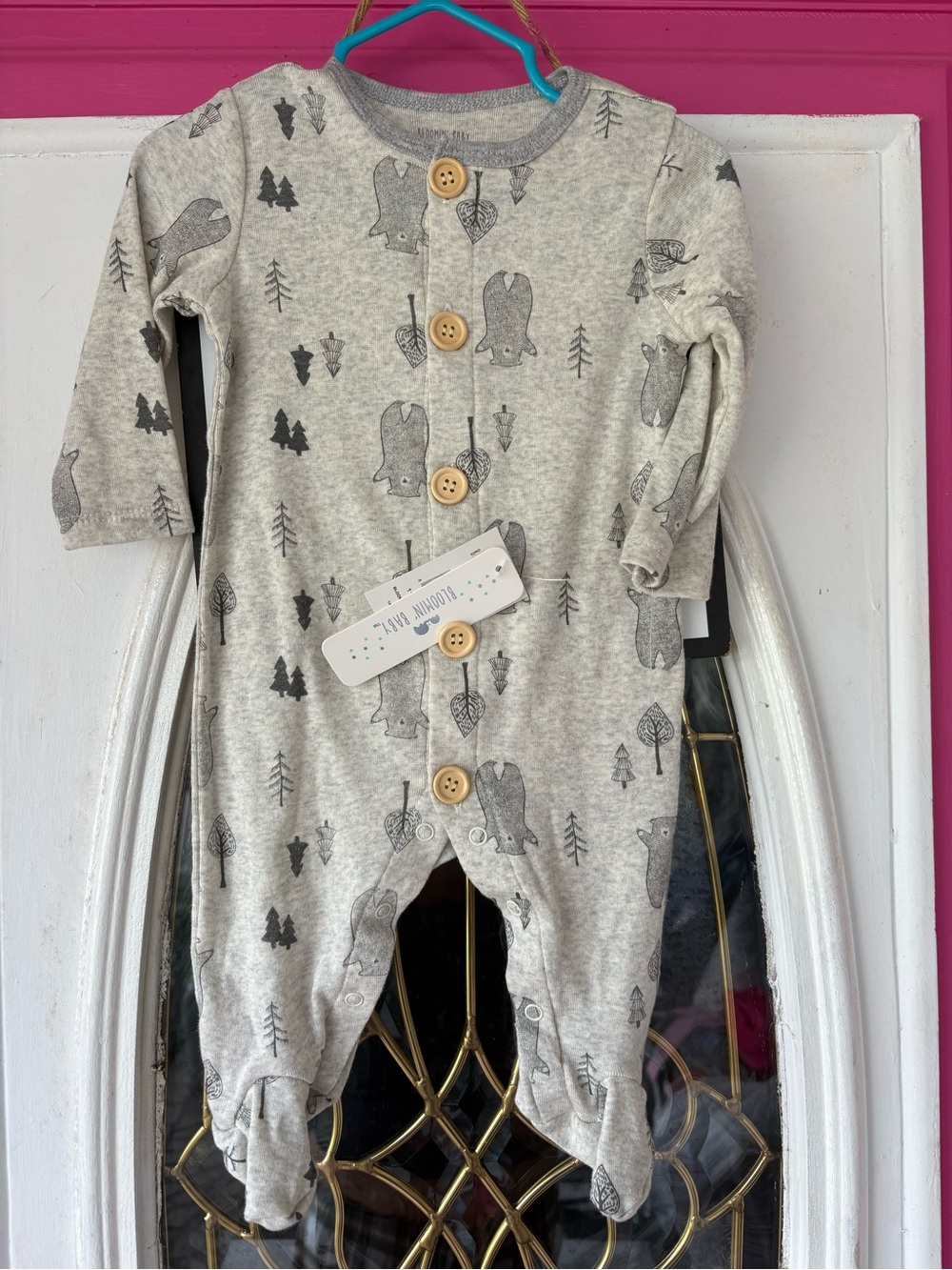 Gray Bear-Print Baby Footed One-Piece with Button Placket